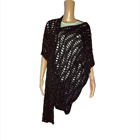 Black & Gold Convertible Scarf Poncho Shawl Wrap Versatile Hand Crocheted OOAK! - Picture 7 of 11